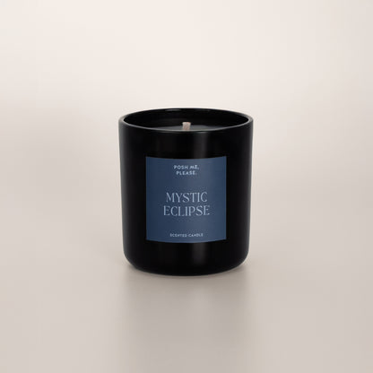 Mystic Eclipse coconut wax candle in black glass vessel, no lid, cotton wick visible