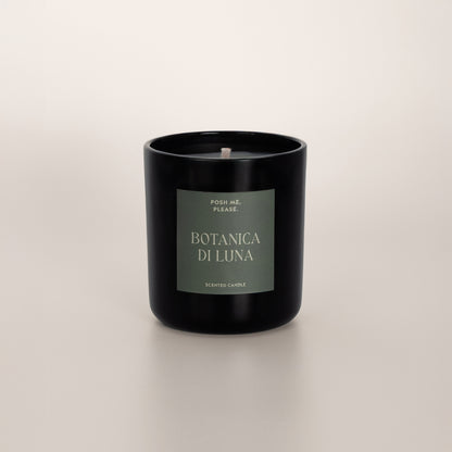 Botanica di Luna coconut wax candle in black glass vessel, no lid, cotton wick visible