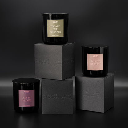 Escape the Ordinary, Do Not Disturb and Let It Bloom candles stacked on embossed POSH ME, PLEASE. black blocks, dark background