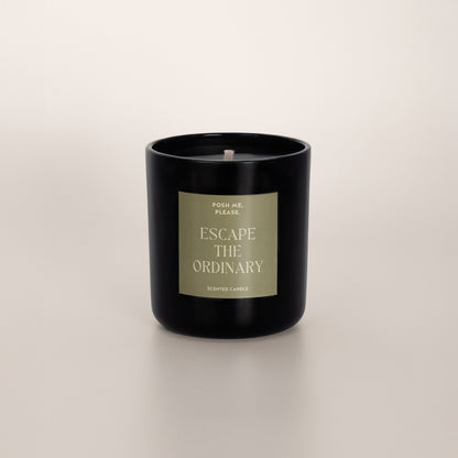 Escape the Ordinary coconut wax candle in black glass vessel, no lid, cotton wick
visible