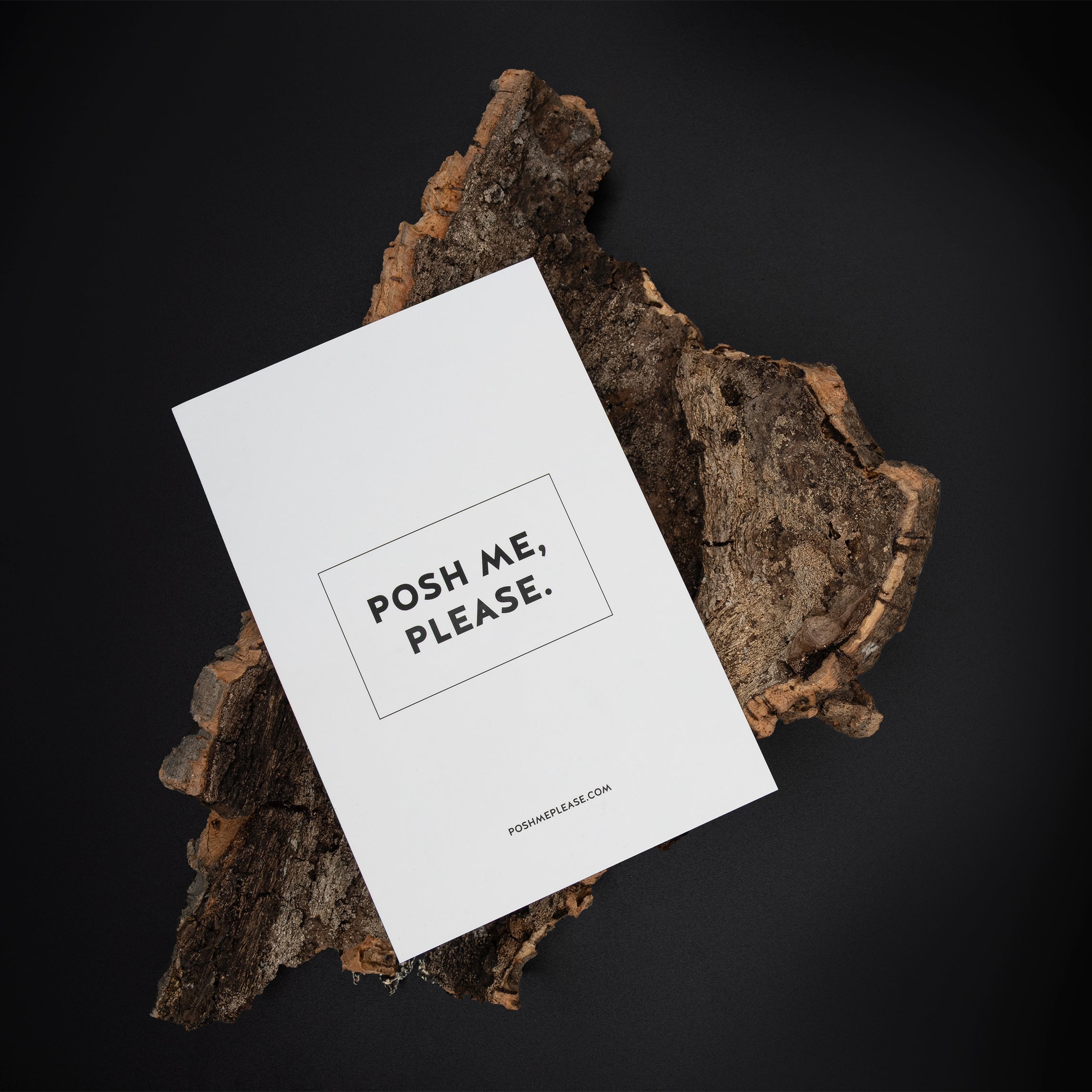 POSH ME, PLEASE. brand card resting on dark bark, minimalist luxury branding
