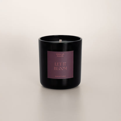 Let It Bloom coconut wax candle in black glass vessel, no lid, cotton wick visible